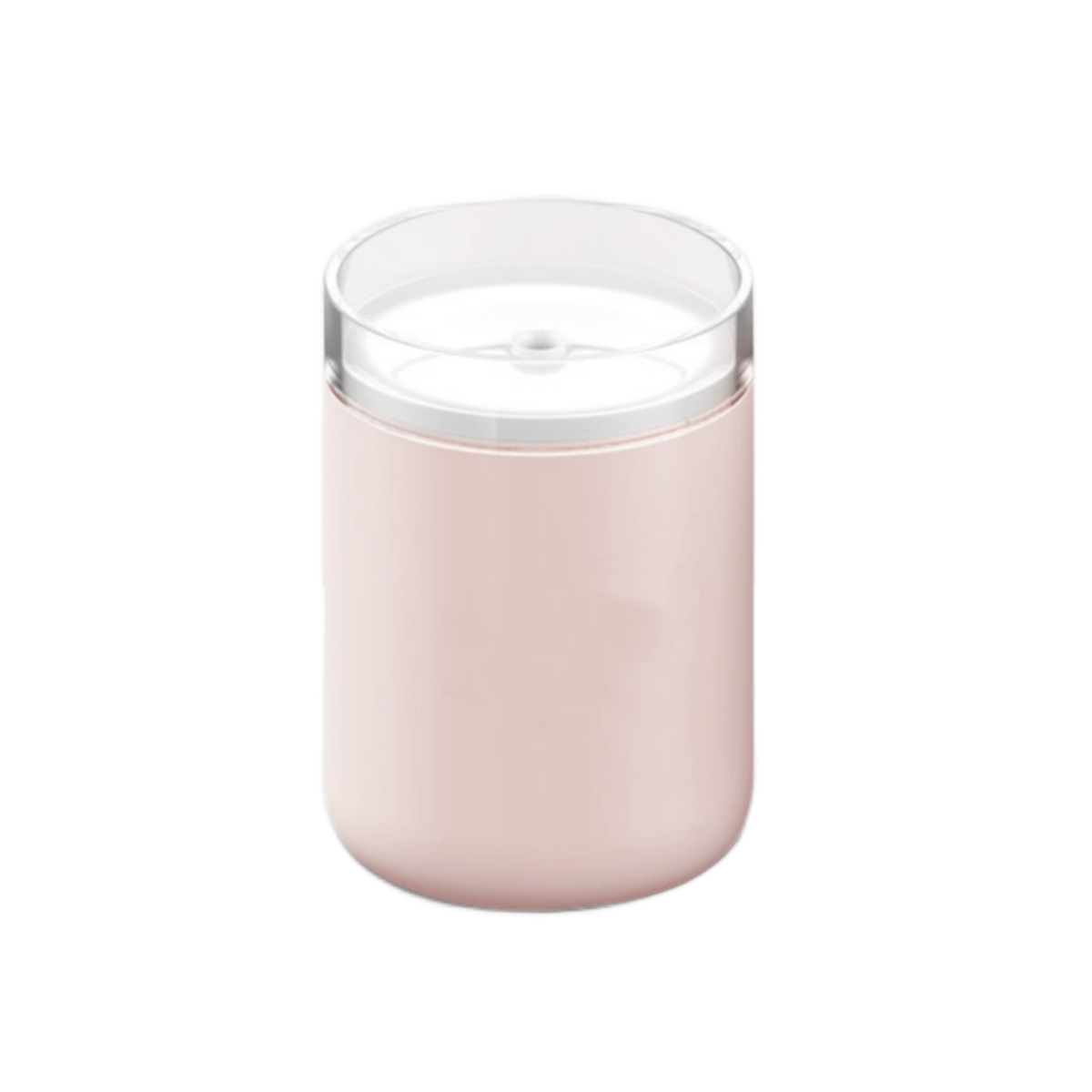 Ein rosa Wasserkühler mit klarem Deckel, vermutlich für ein Haustier, vor weißem Hintergrund.