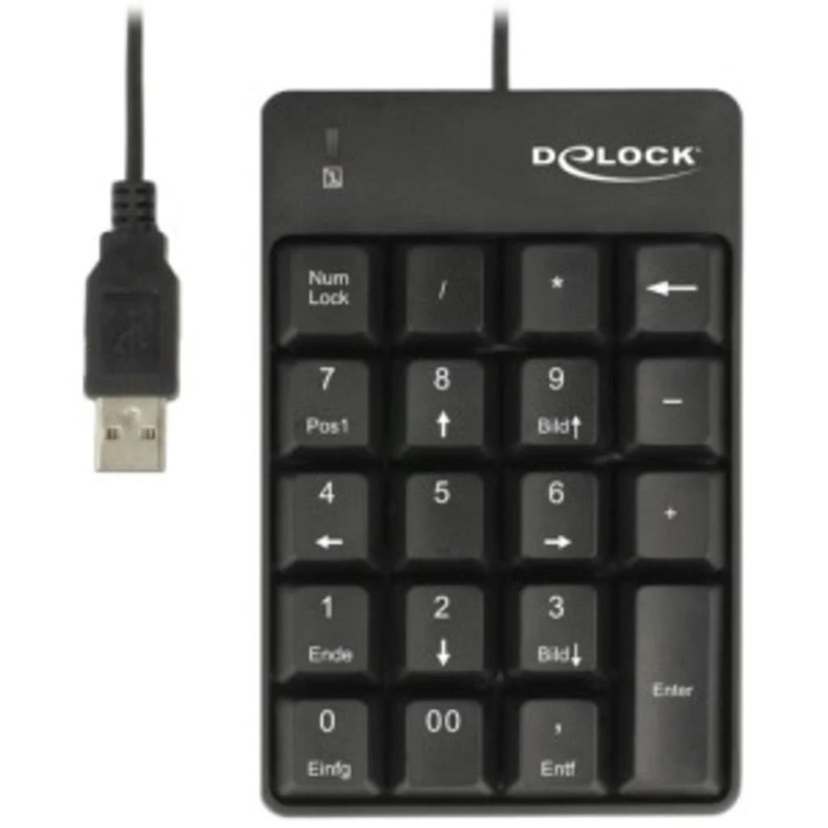 Una tastiera numerica nera con cavo USB. Ha numeri, simboli e tasti funzione.