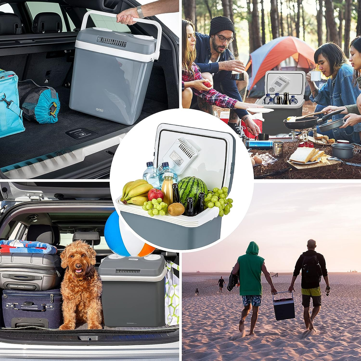 Mehrere Szenen, die eine Kühlbox in Gebrauch zeigen: im Auto, beim Picknick, am Strand.