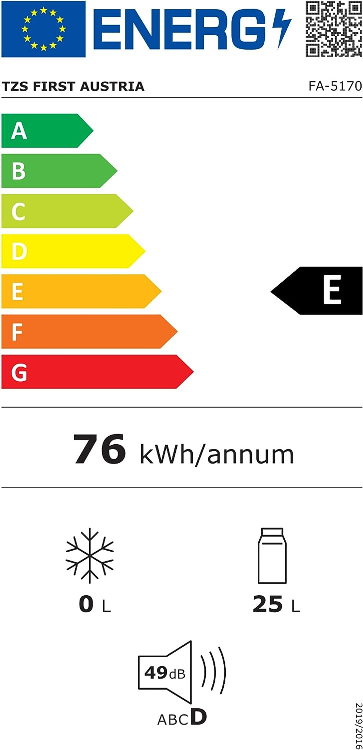 Energielabel für Kühlschrank. Grüne bis rote Balken, E-Bewertung, 76 kWh/Jahr, 0L, 25L, 49dB. Weißer Hintergrund.
