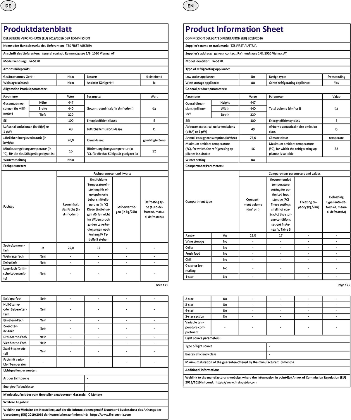 Detailliertes Informationsblatt mit Text in Englisch und Deutsch, das Produktinformationen enthält.