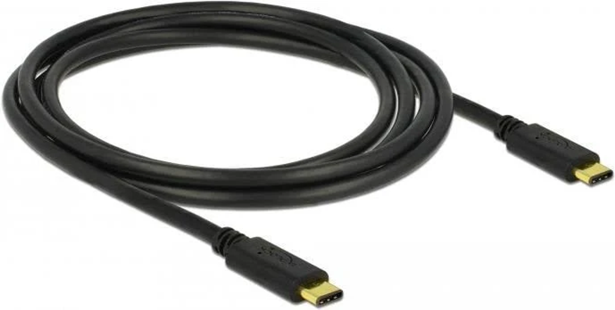 Czarny kabel USB-C ze złączami na białym tle.