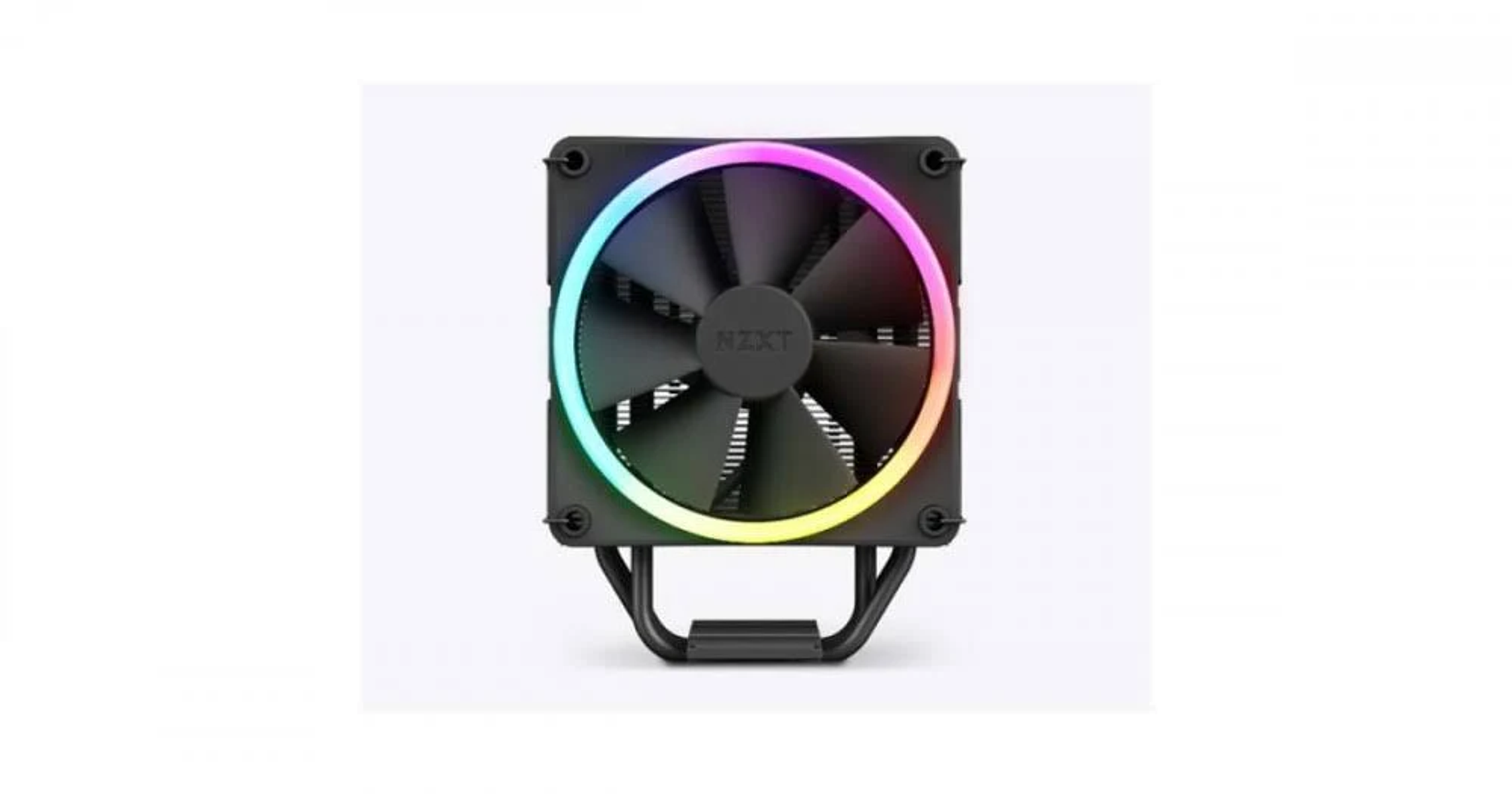 PC fan with a black frame and a circular LED light that has multiple colors. White background.