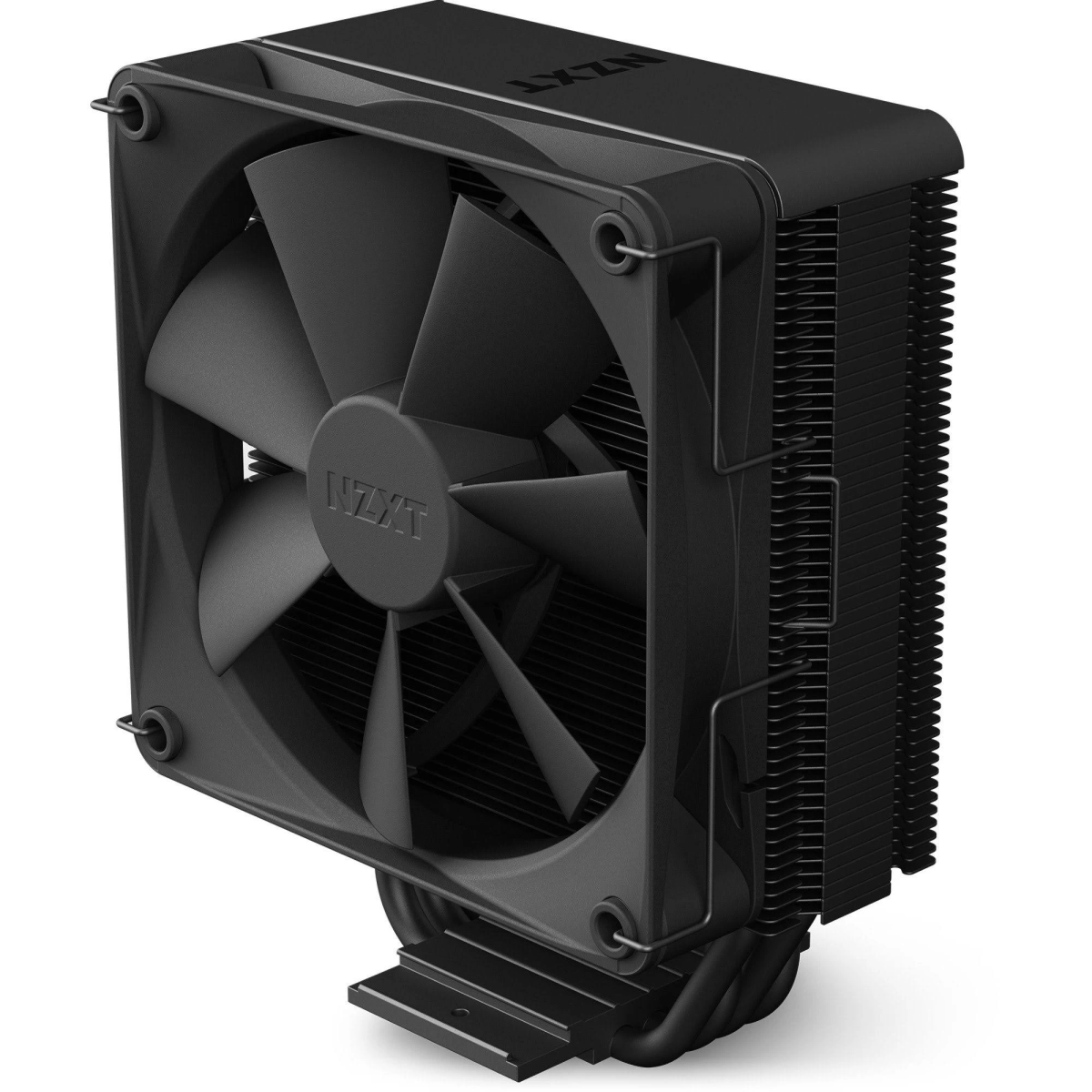 Black NZXT CPU cooler. A large fan is in the center with a heatsink on the side. 