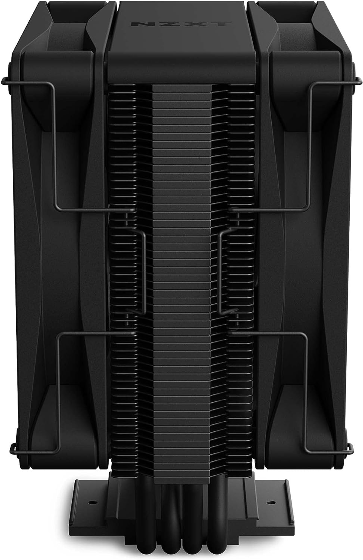 Black computer cooler, top view. Vertical fins with heat pipes. Black frame and mounting hardware.