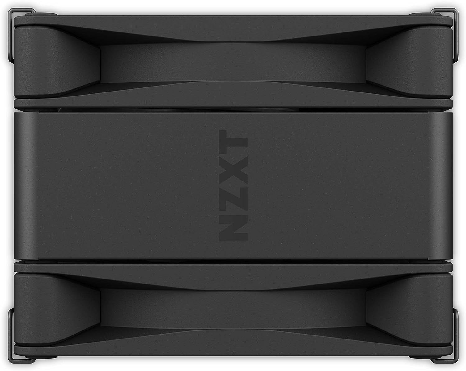 Black NZXT branded computer fan. The fan is rectangular with the NZXT logo imprinted on it.