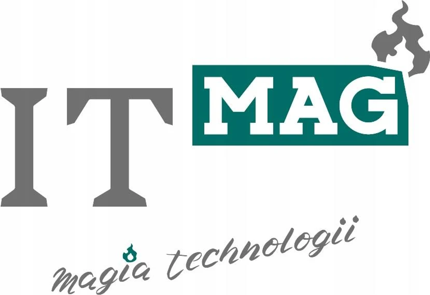 Logo con il testo "IT MAG", con "magia technologii" sotto e un'icona a forma di fiamma.