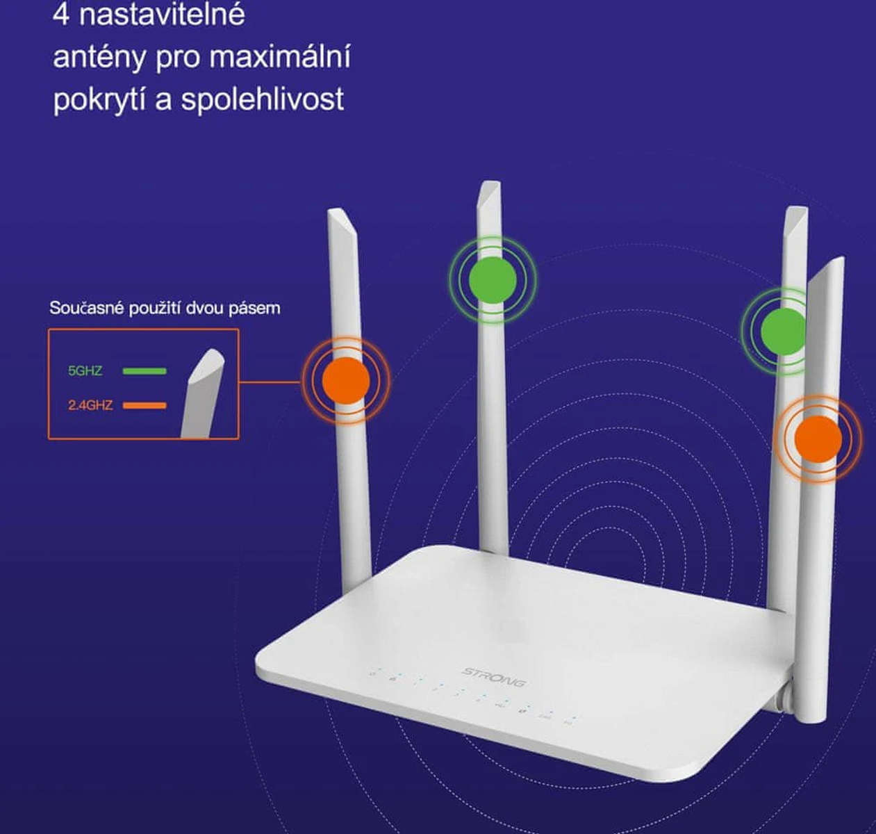 Router bianco con 3 antenne e un diagramma.