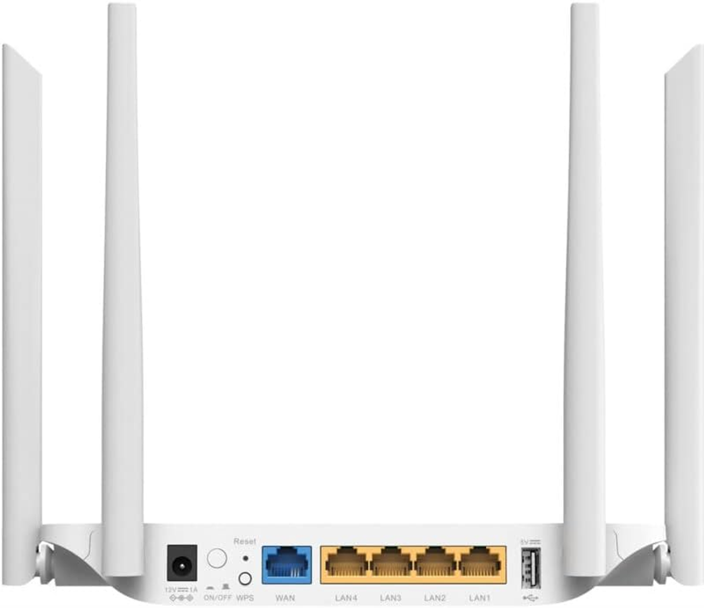 Un router bianco con quattro antenne. Il retro mostra porte tra cui WAN, LAN e una porta USB.