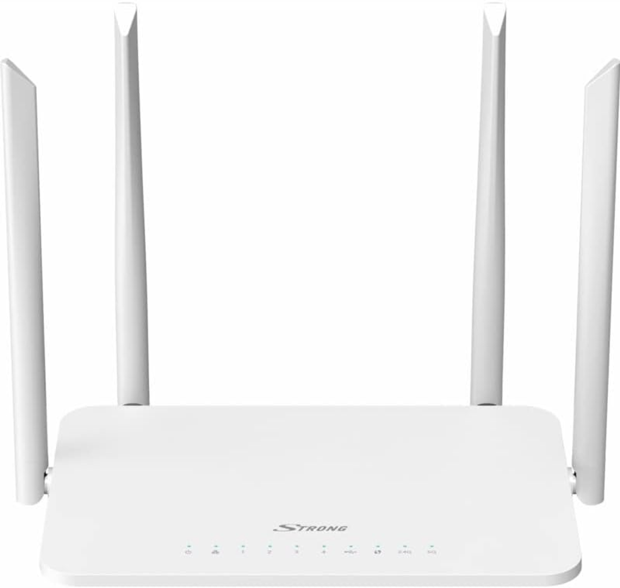 Router bianco con quattro antenne. Ha diverse piccole luci sul davanti. Marchio Strong.