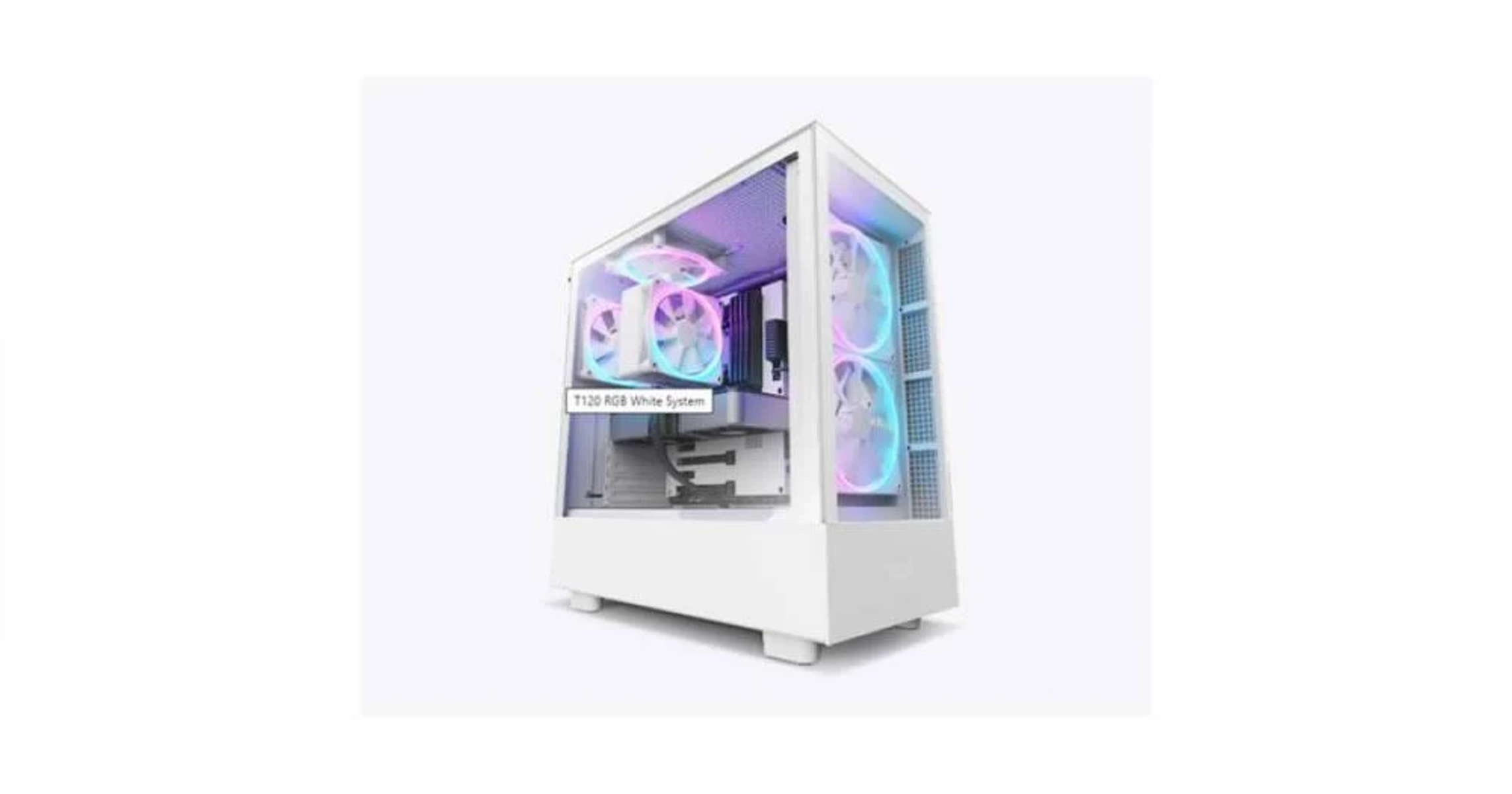 Een witte computerkast met RGB-verlichting, met de interne componenten.
