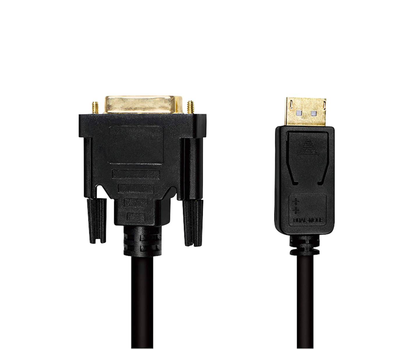 Cavo DVI a DisplayPort nero e oro con connettori su sfondo bianco.