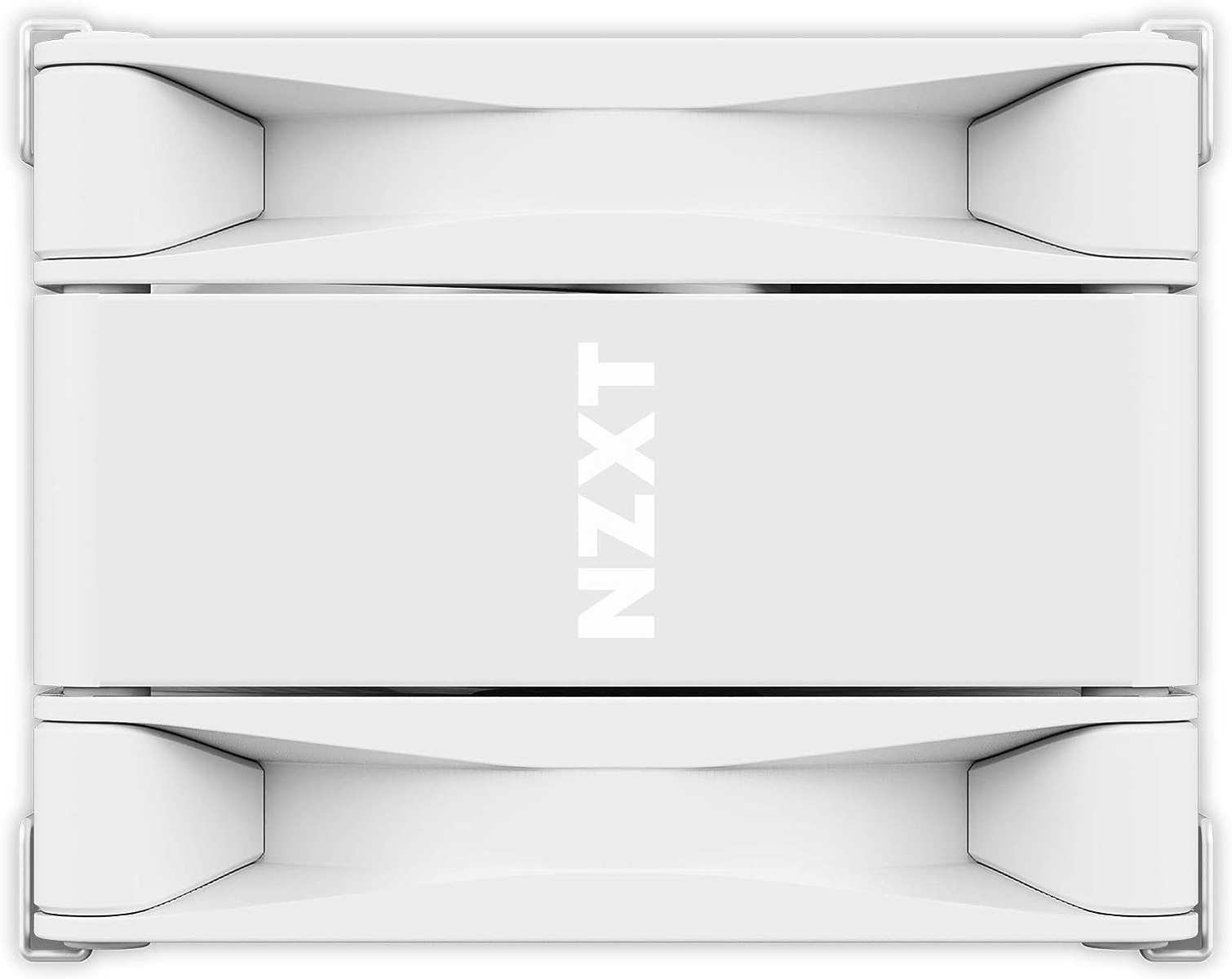 Witte NZXT pc-ventilator. Het NZXT-logo staat in het midden. Bovenaanzicht.