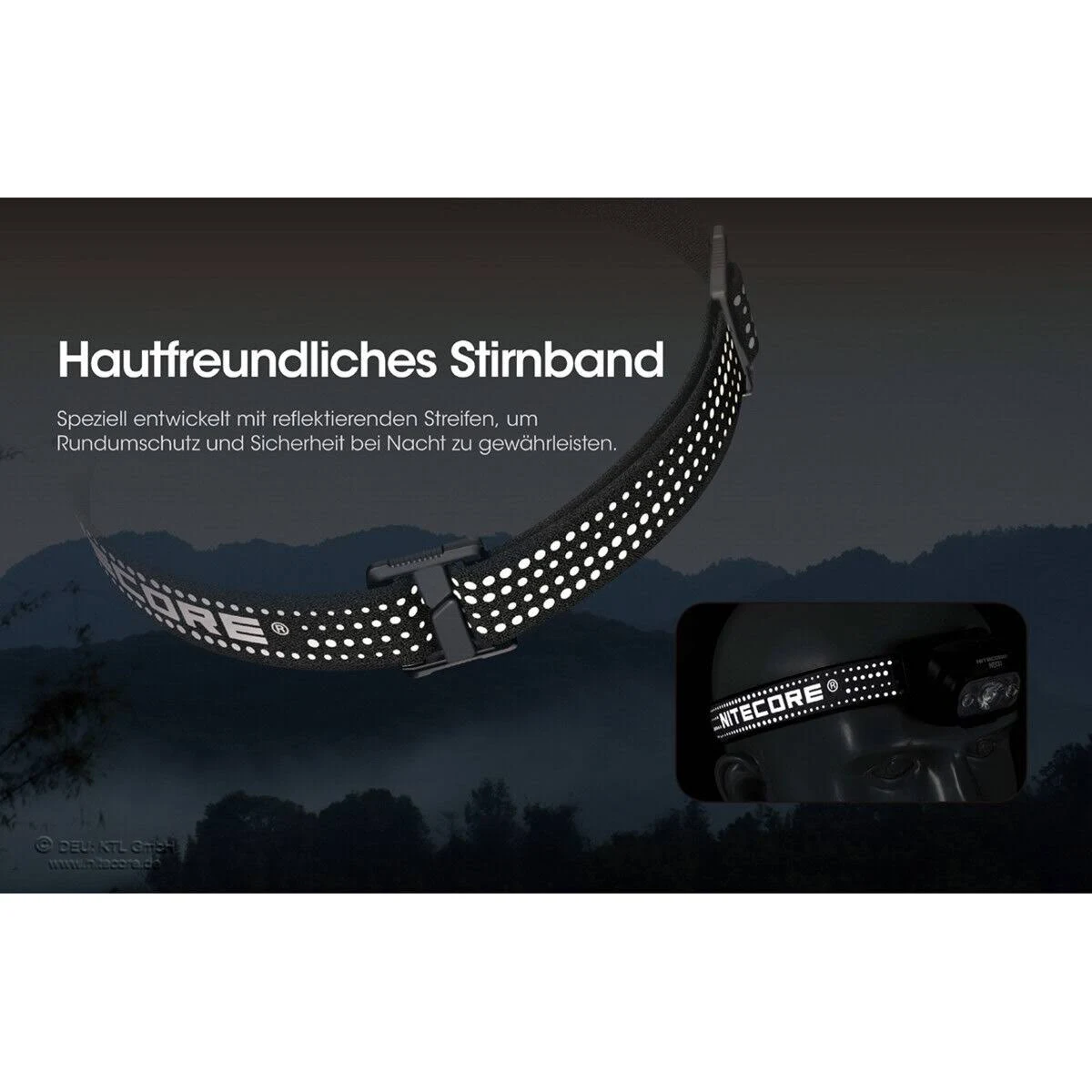 Stirnlampe mit reflektierendem Band. Text beschreibt die reflektierenden und schützenden Eigenschaften.