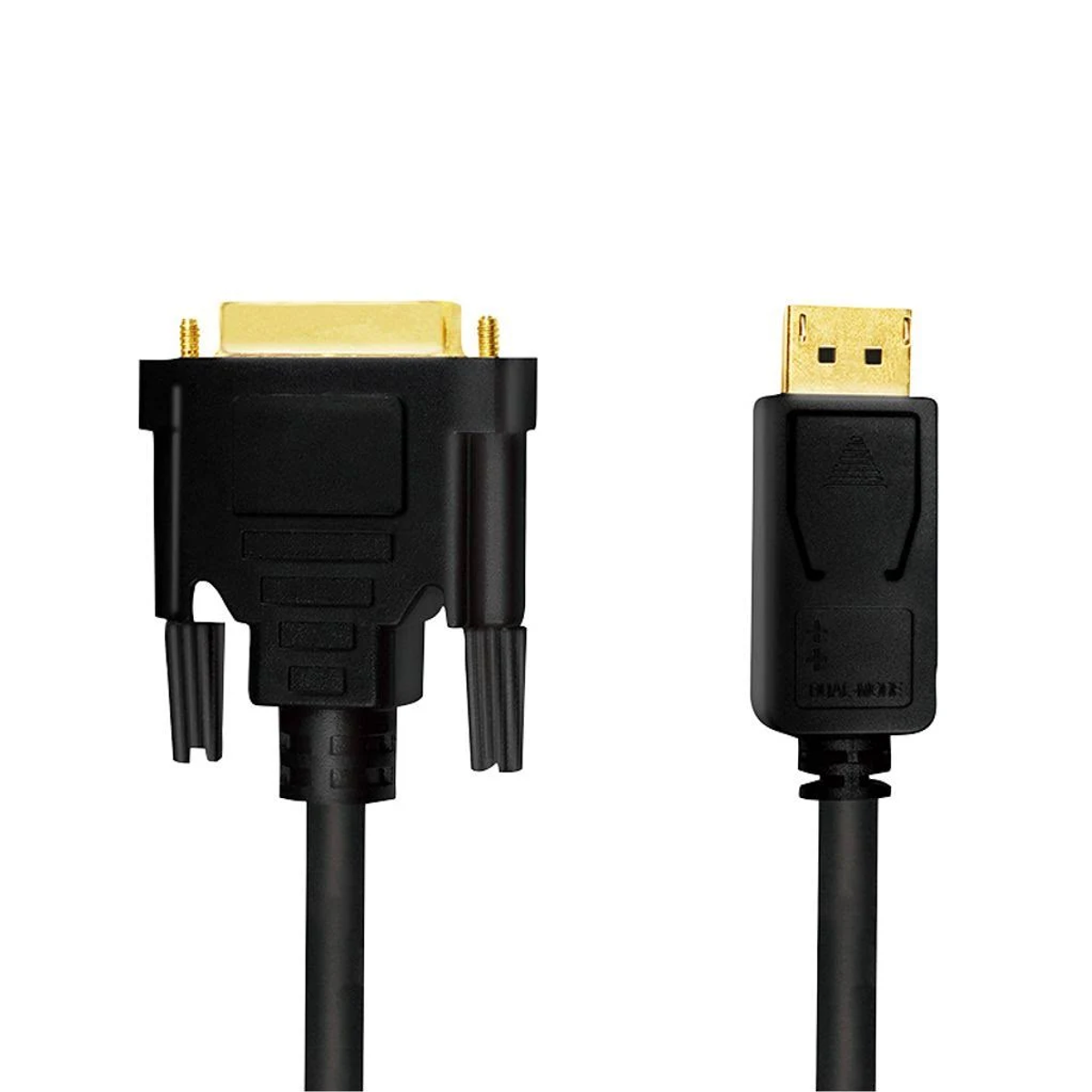 Czarny i złoty kabel DVI do DisplayPort. Jeden koniec DVI, drugi DisplayPort.