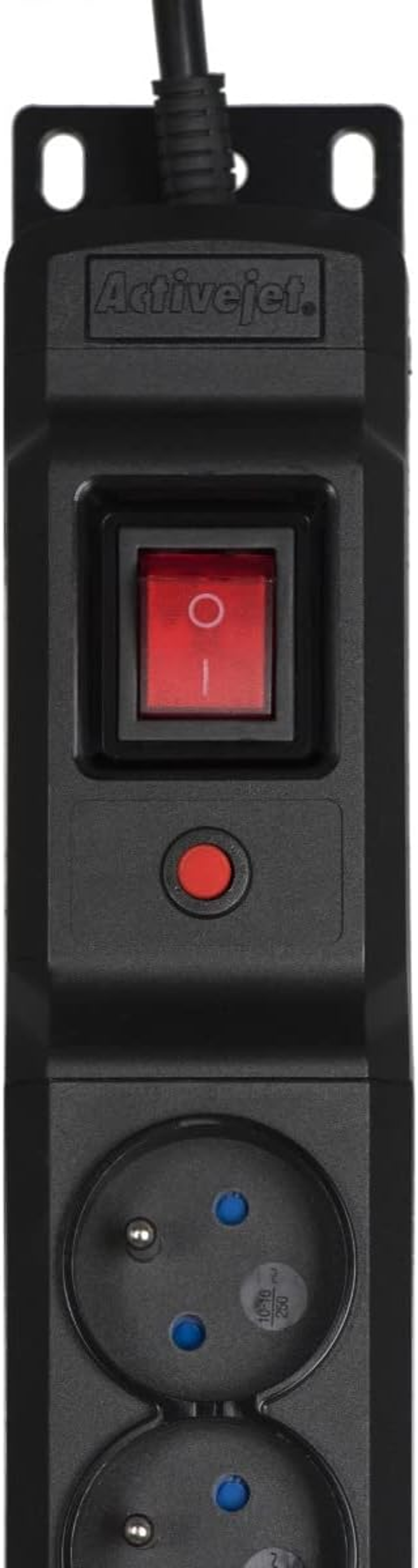 Multipresa nera con interruttore rosso, prese e cavo di alimentazione. Logo Activejet visibile.