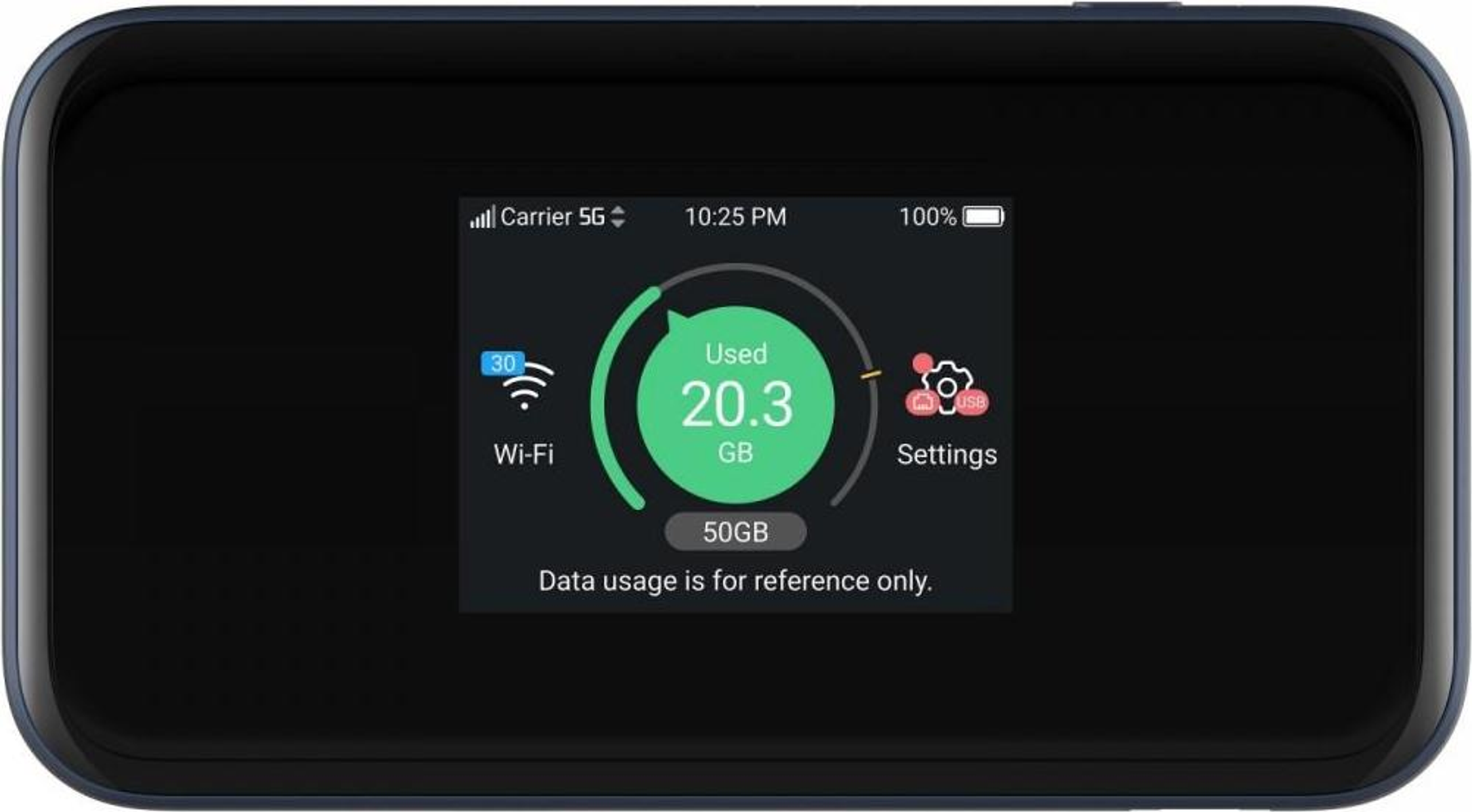 Małe, czarne urządzenie pokazujące zużycie danych na ekranie.