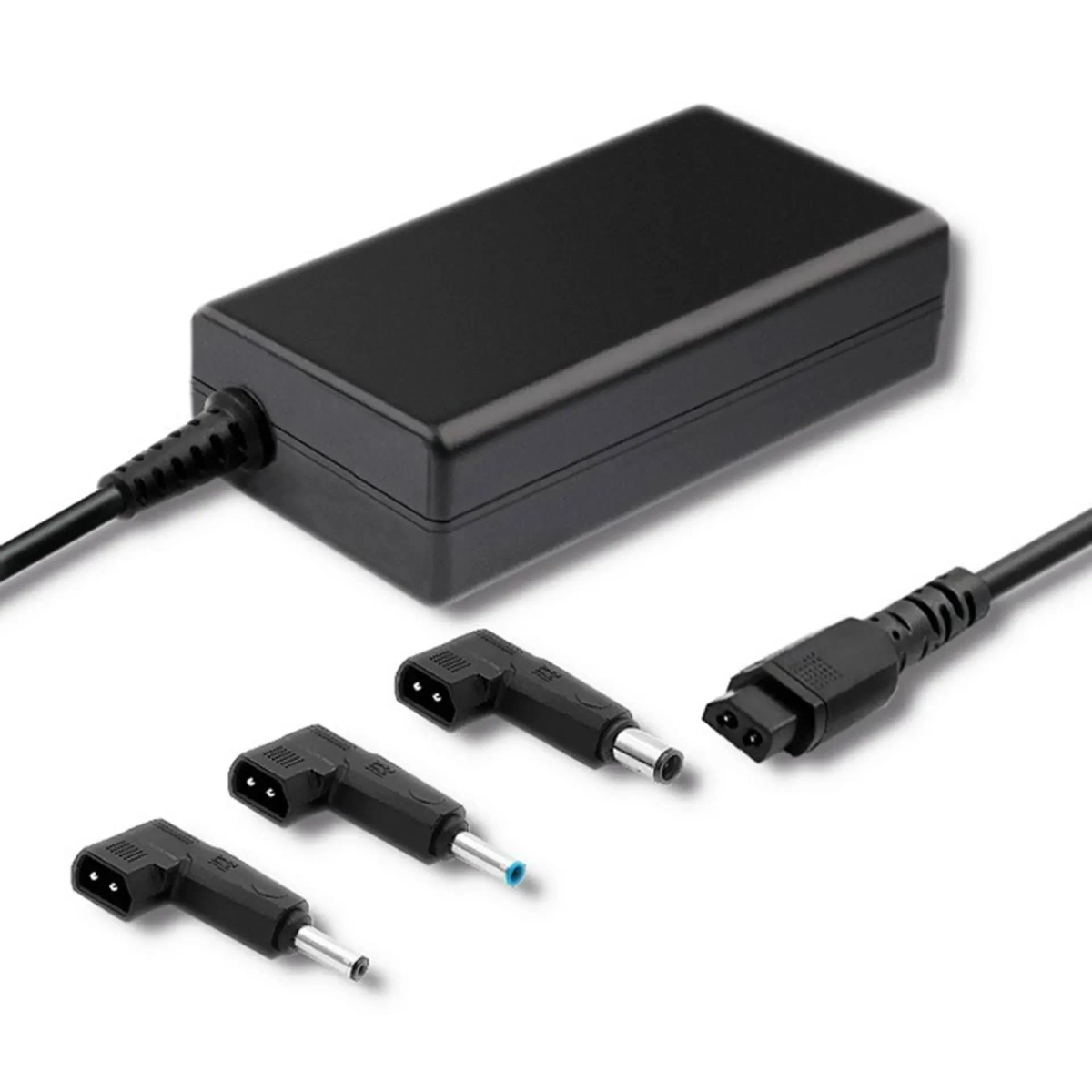 Schwarzes Laptop-Netzteil mit drei separaten Adaptersteckern.