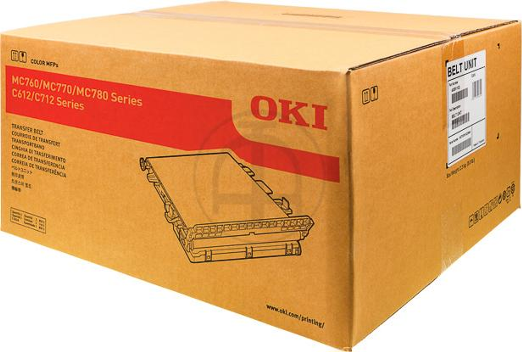 Kartonowe pudełko z tekstem i zdjęciem części drukarki. Zawiera informacje i etykiety.