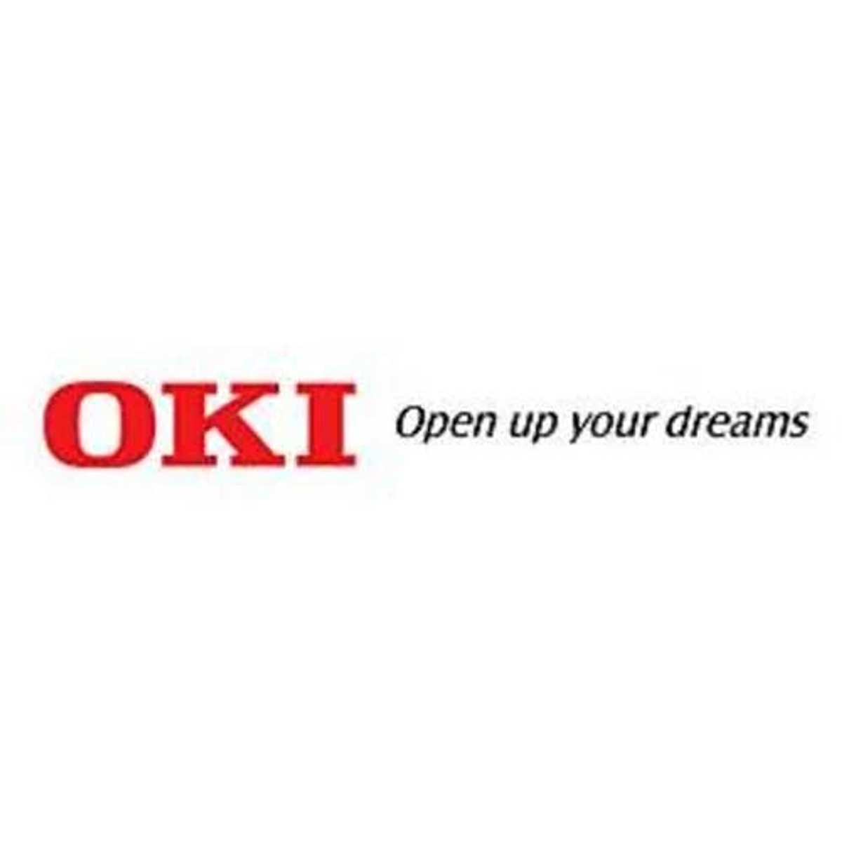 Kırmızı OKI logosu ve siyah renkte 'Open up your dreams' ifadesi.
