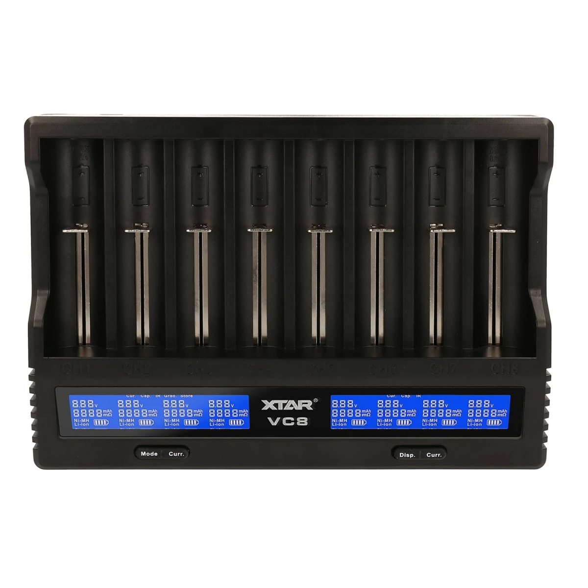 Schwarzes Batterieladegerät mit Display. Es hat Schlitze für mehrere Batterien.