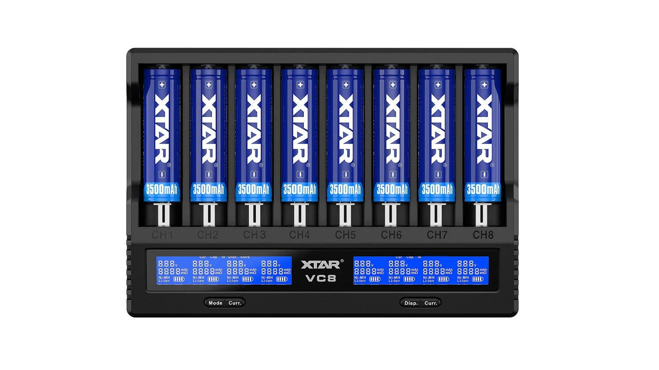 Ein schwarzes Batterieladegerät mit 8 blauen Batterien, das Display zeigend, auf weißem Hintergrund.
