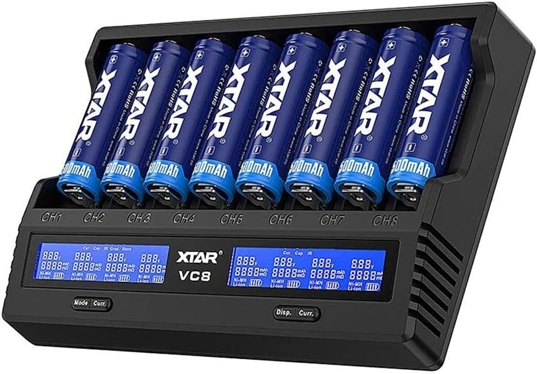 Schwarzes Batterieladegerät mit acht blauen Batterien, Anzeige von Ladeinfos, auf einem Tisch.