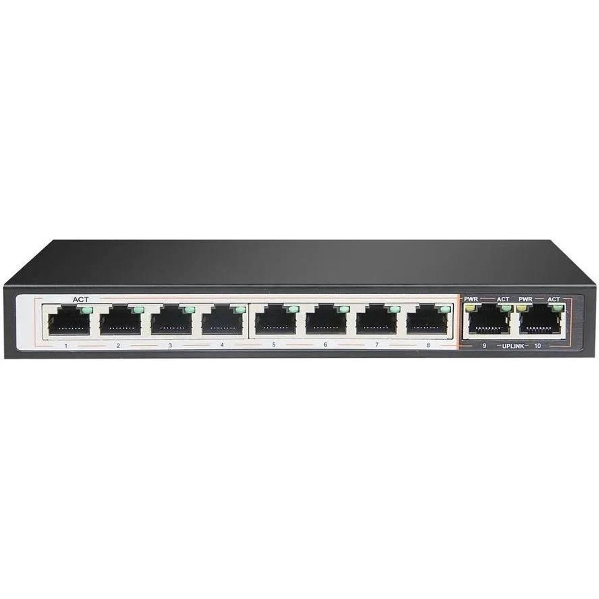 Uno switch di rete nero con varie porte. Sfondo bianco.