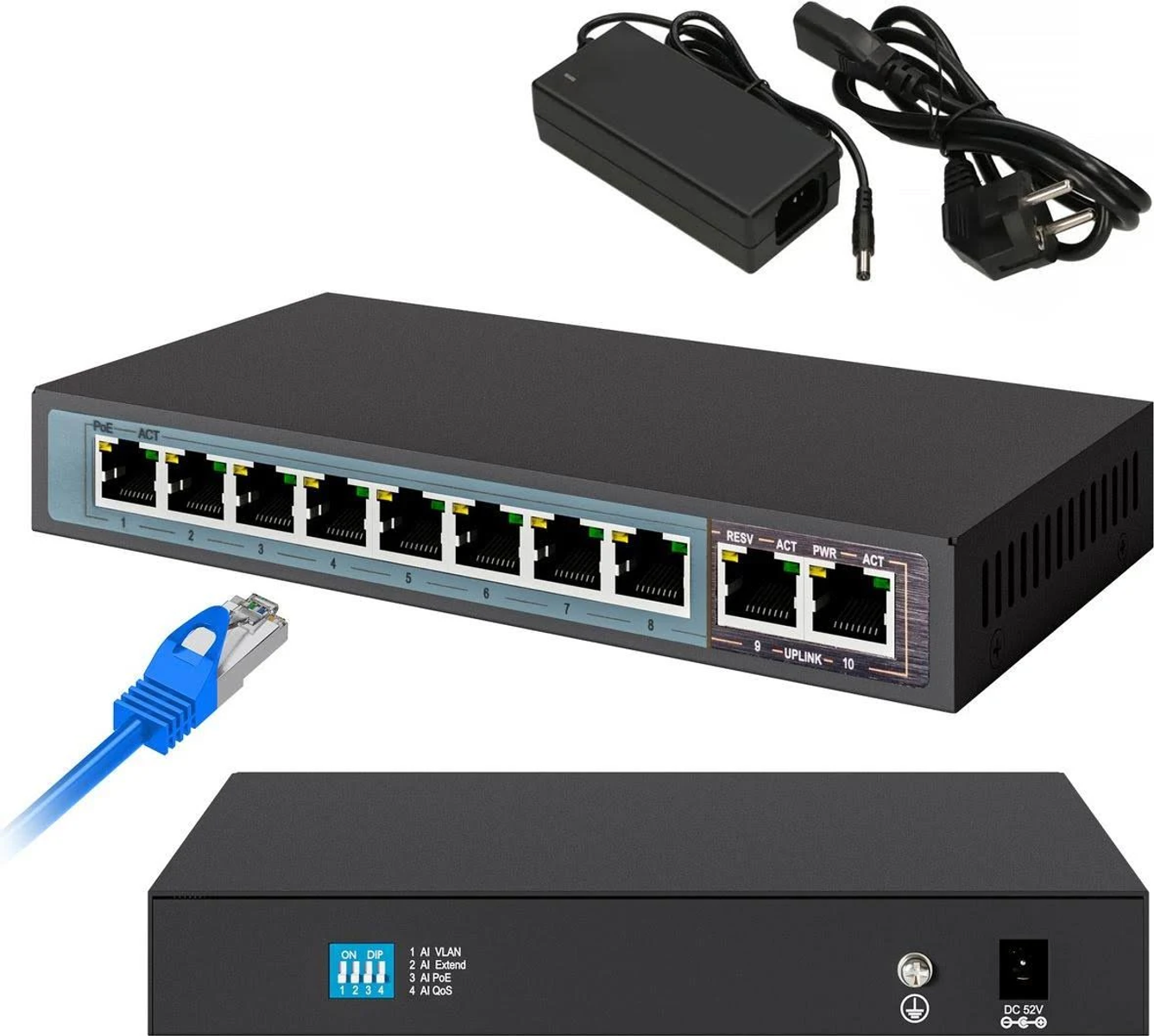 Uno switch di rete nero con porte, un alimentatore e un cavo di rete.