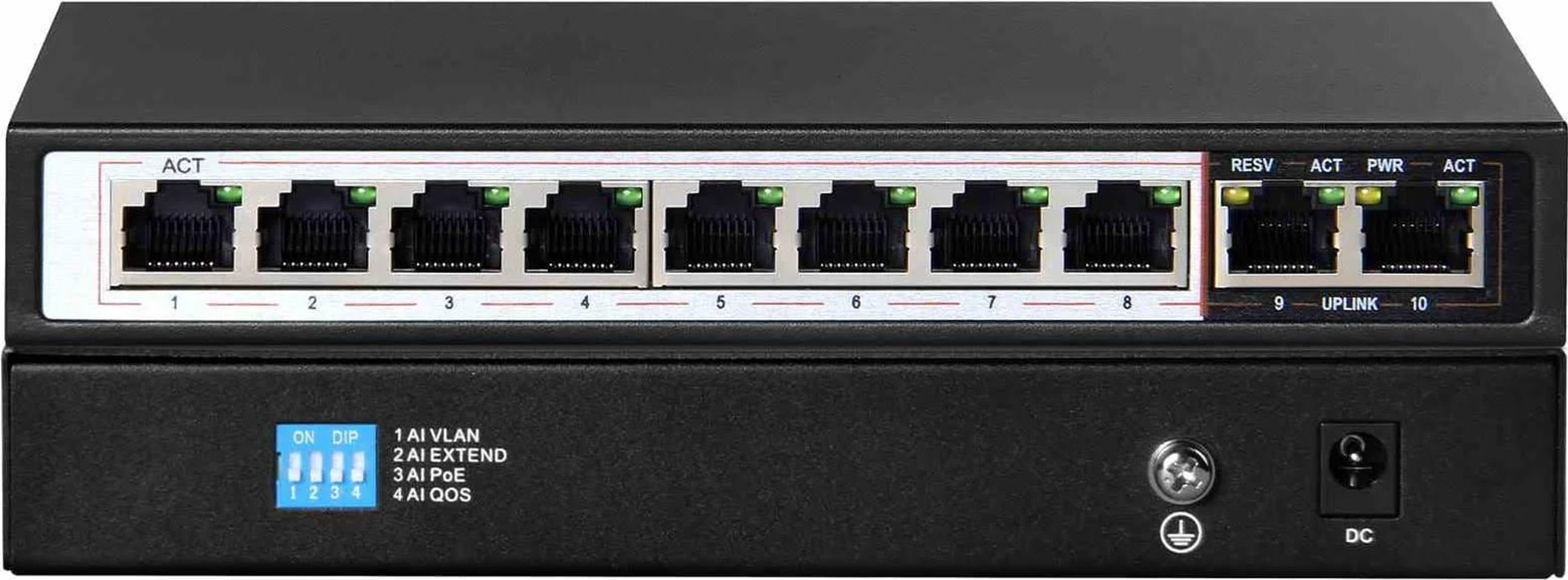 Uno switch di rete nero con più porte. Sono visibili varie etichette e indicatori.