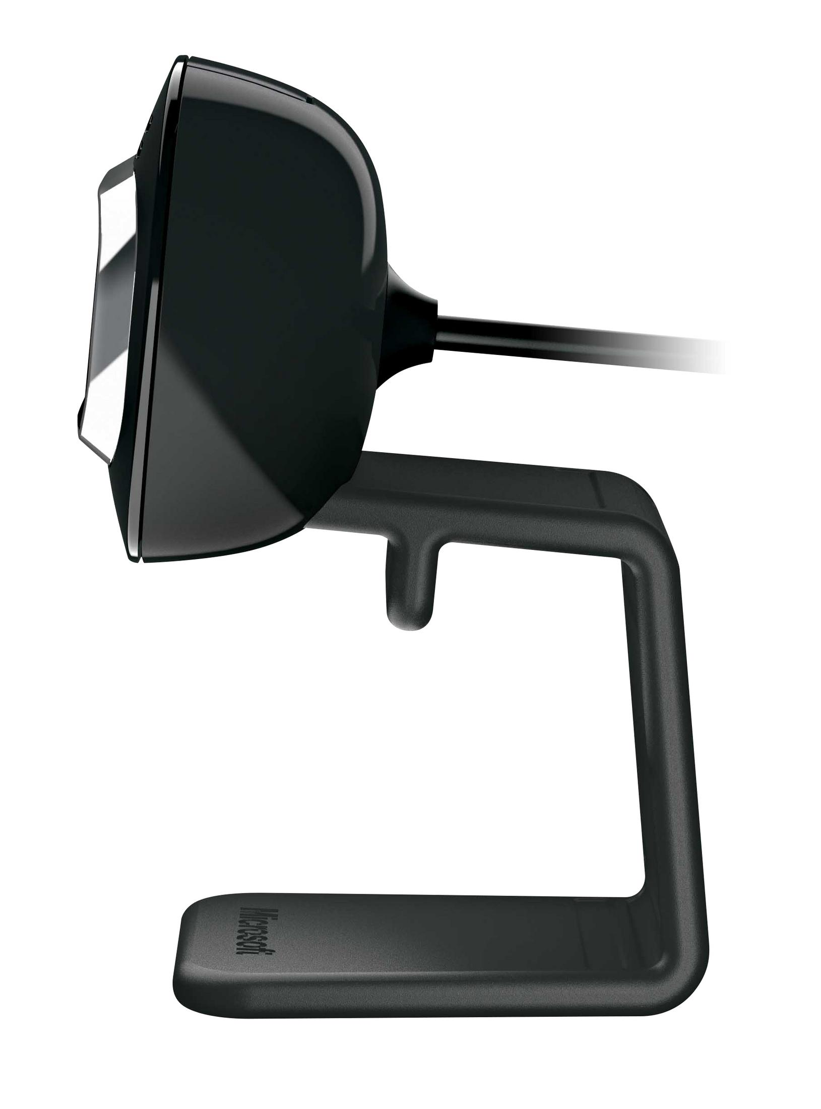Una webcam nera su un supporto. Il supporto è progettato per il bordo di un monitor.