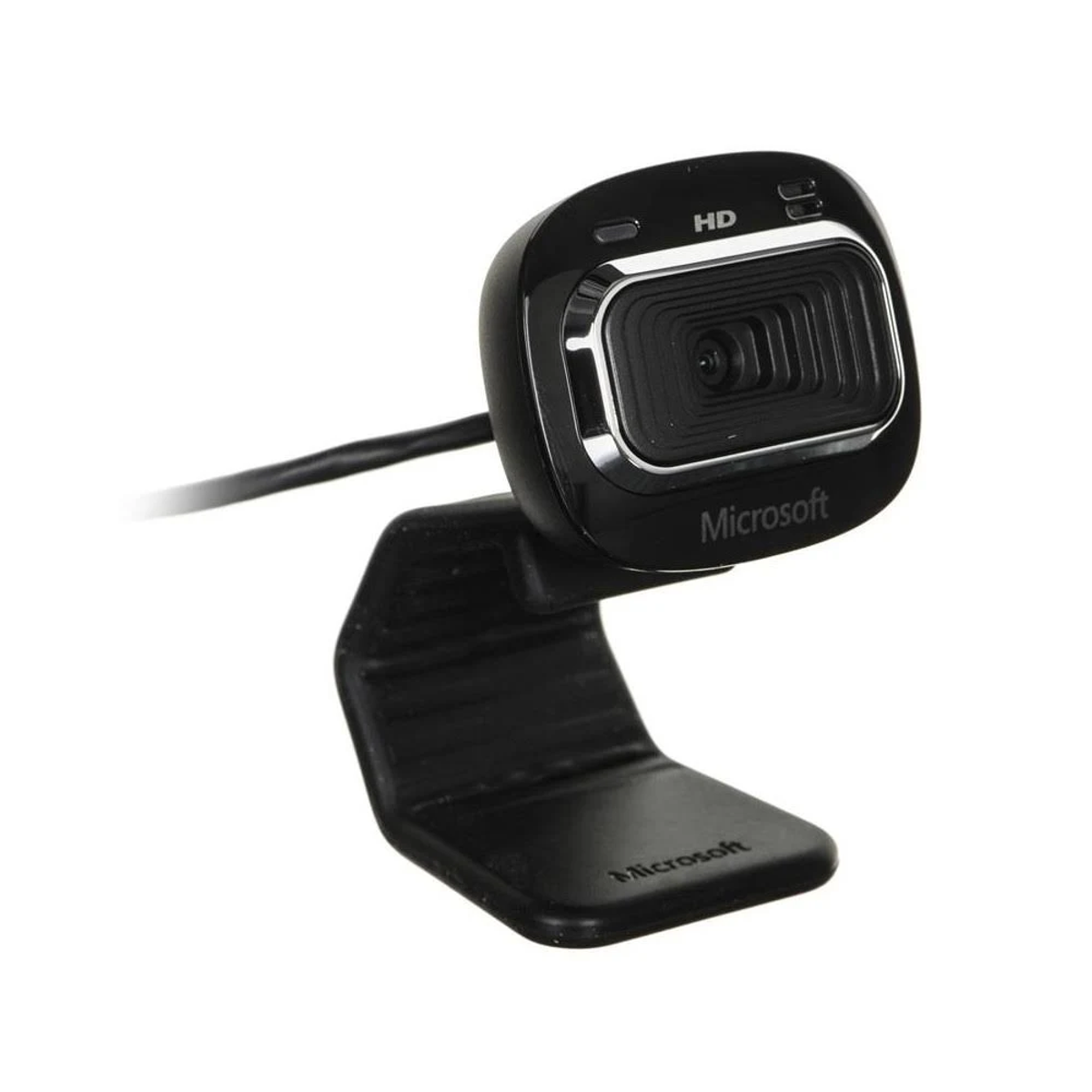 Una webcam Microsoft nera con base curva. La fotocamera ha la scritta HD. Sfondo bianco.