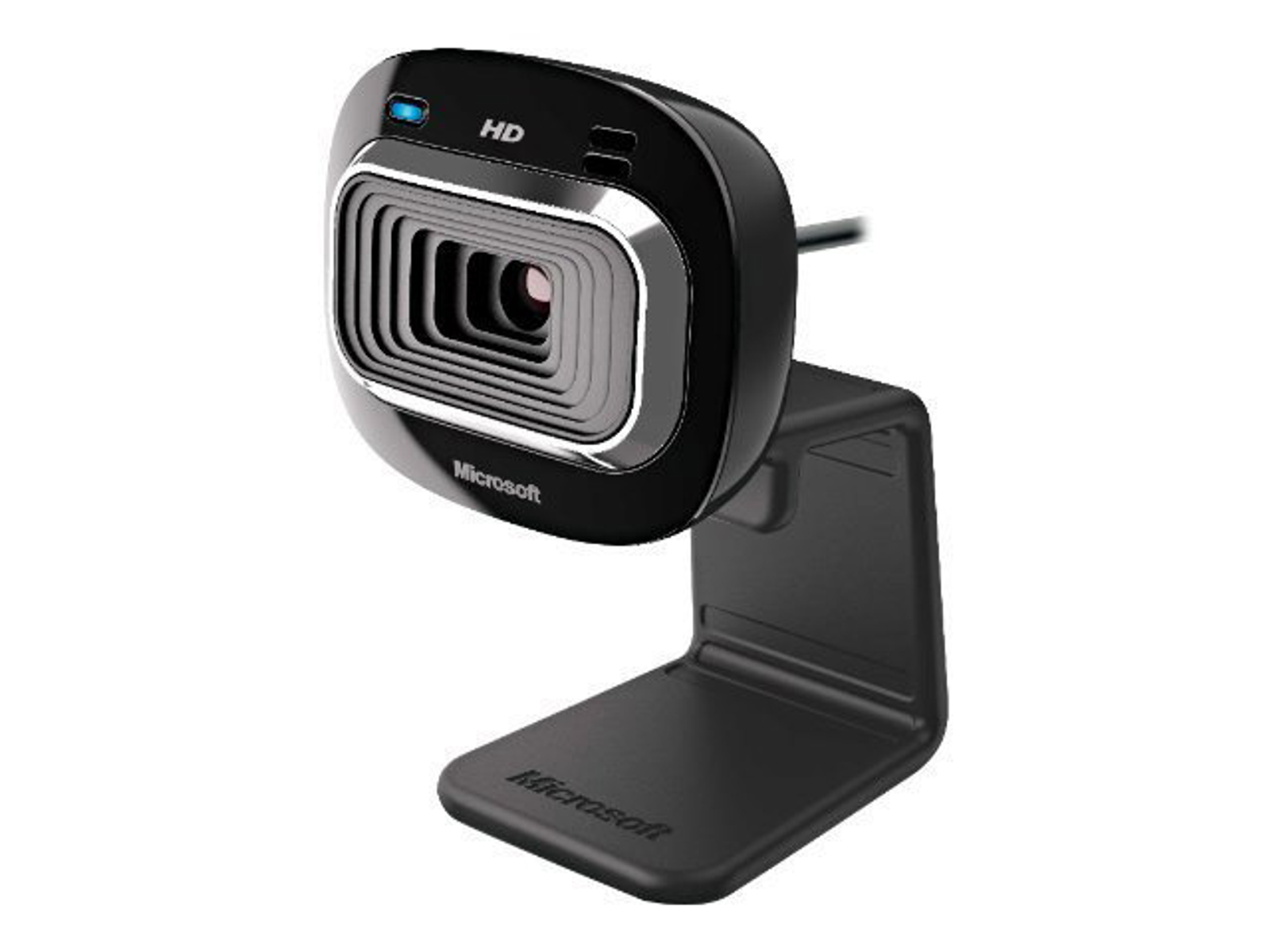 Una webcam Microsoft nera. Ha un obiettivo quadrato e un supporto nero.