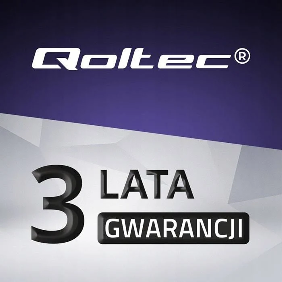 Ein Logo mit 'Qoltec' und '3 LATA GWARANCJI' auf lila Hintergrund.