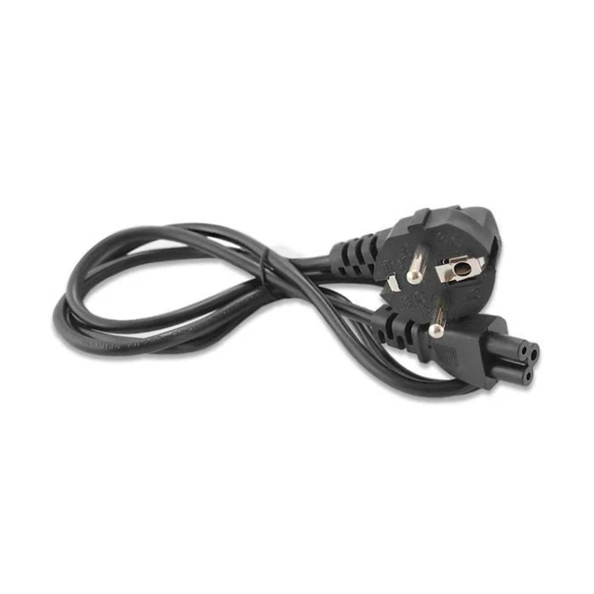 Schwarzes Netzkabel mit zwei Steckern. Einer ist ein europäischer Stecker, der andere ein C13-Anschluss.