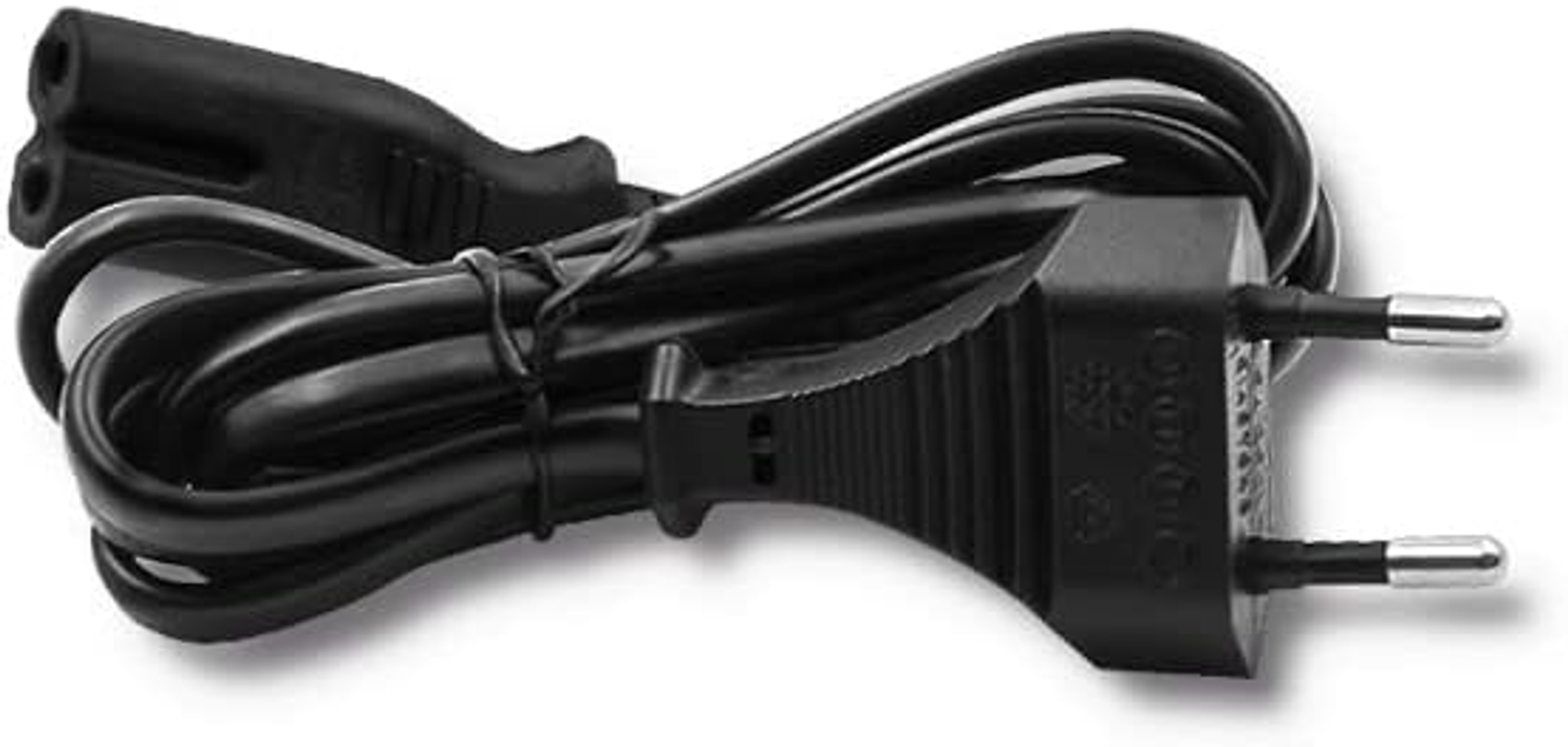 Ein schwarzes Netzkabel mit europäischem Stecker, isoliert auf weißem Hintergrund.
