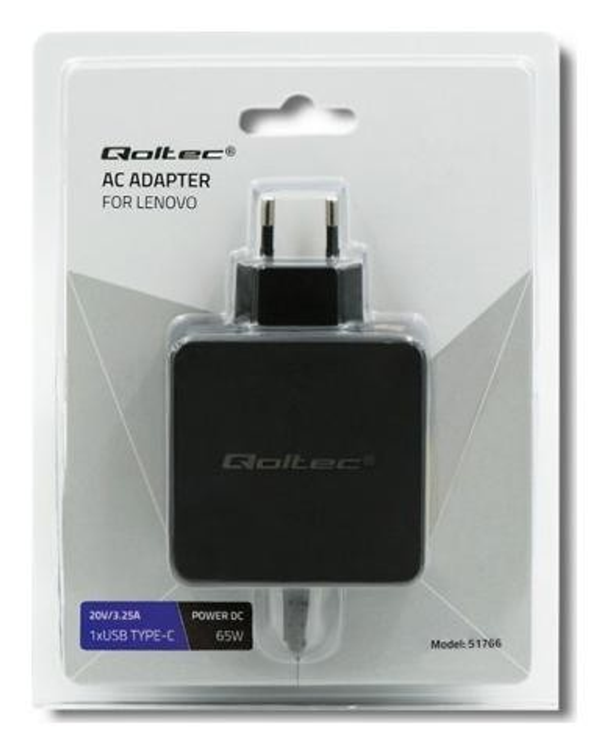 Ein schwarzer Qoltec-Netzadapter für Lenovo, in einer transparenten Verpackung. Er hat USB Typ-C und die Leistungsdaten sind angegeben.