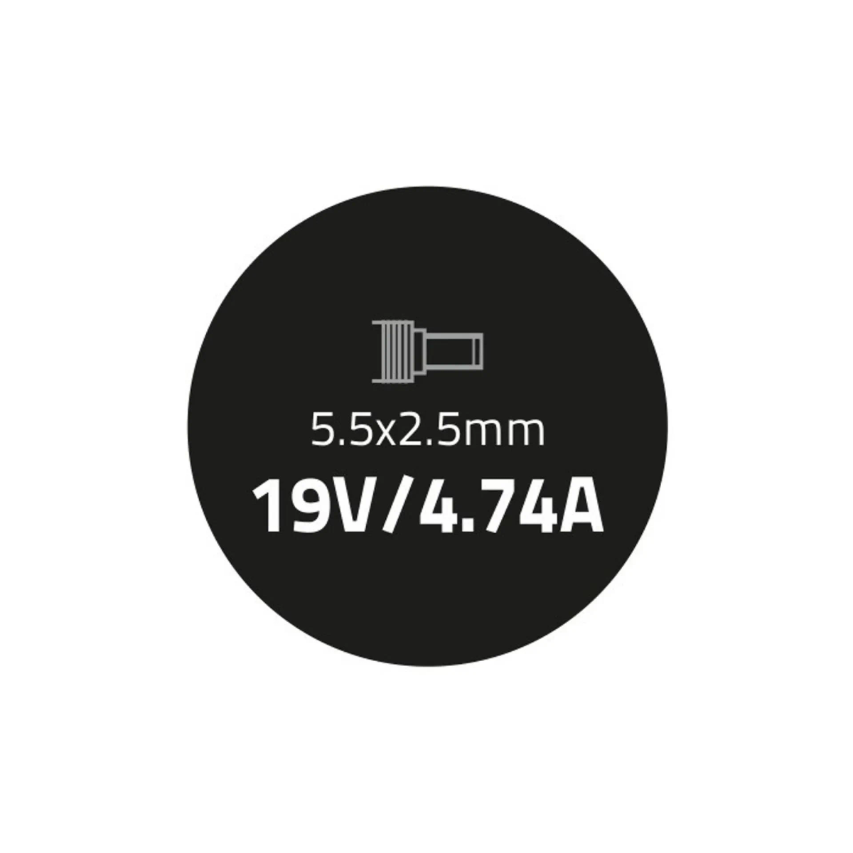 Ein schwarzer Kreis mit Text: '5,5x2,5mm', '19V/4,74A' und ein Symbol für einen Stromanschluss.