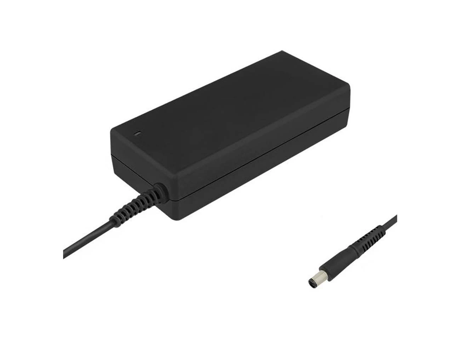Schwarzes Laptop-Netzteil mit schwarzem Kabel und separatem Stecker.