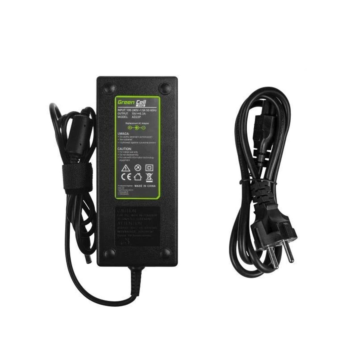 Schwarzer Netzadapter mit Kabeln und weißem Hintergrund.