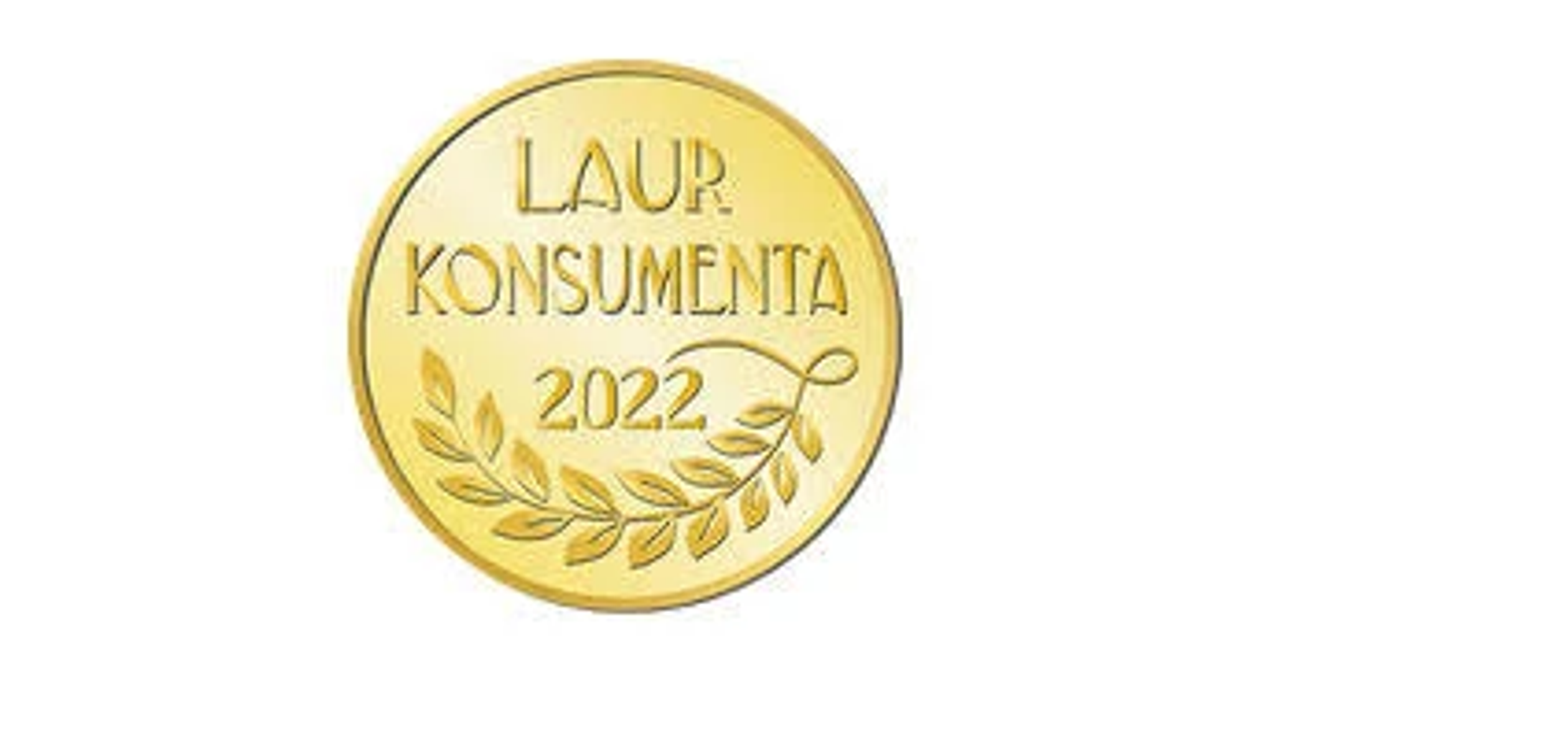 Goldfarbene Medaille mit dem Text „LAUR KONSUMENTA 2022“ und einem Lorbeerkranz.