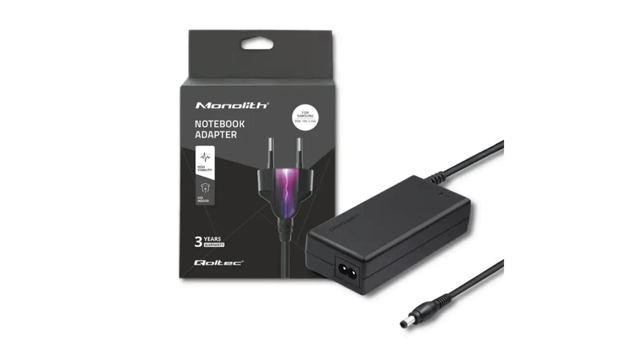 Ein schwarzer Notebook-Adapter mit schwarzem Kabel und einer schwarzen Box mit violettem Blitz.