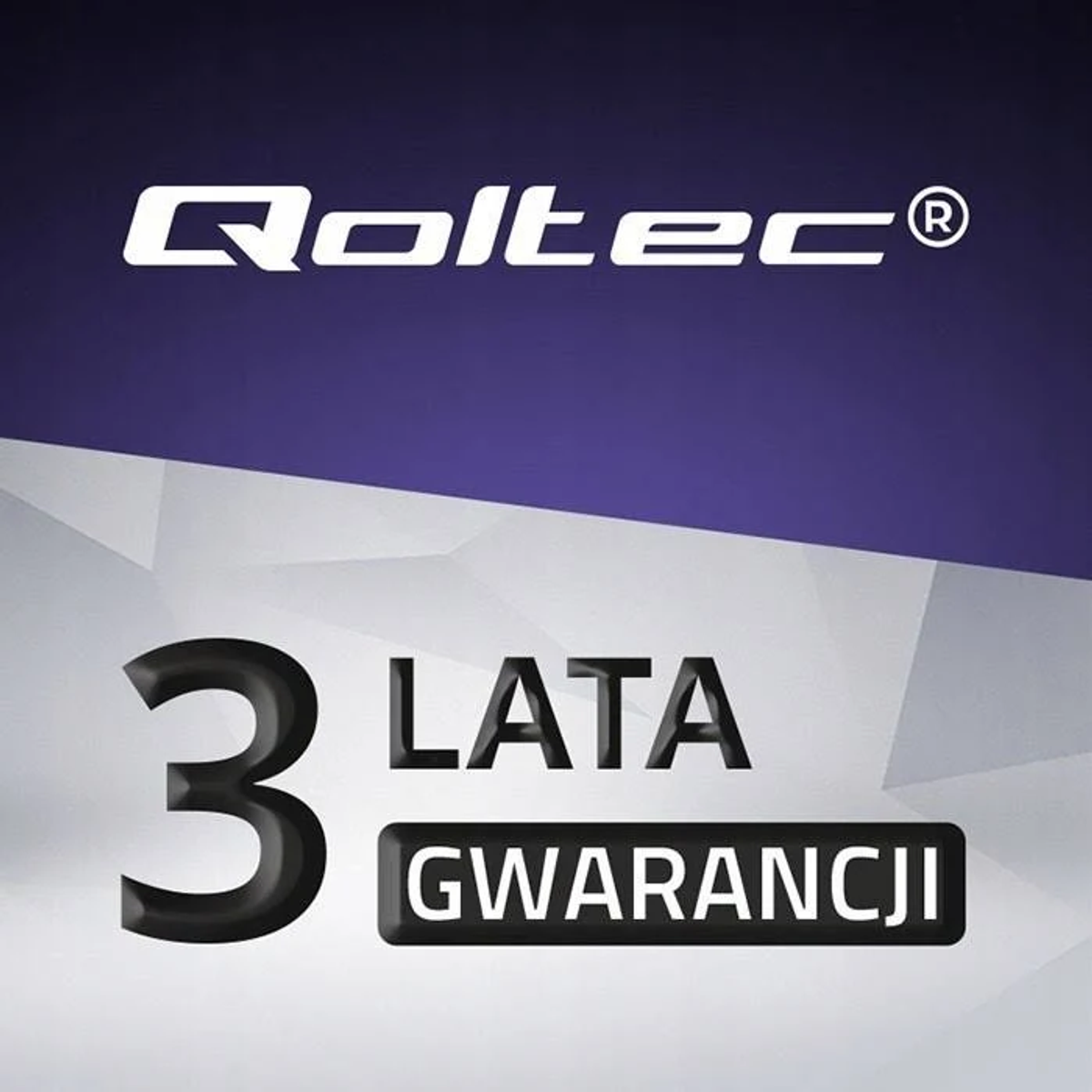 Logo mit "3 LATA GWARANCJI" (3 JAHRE GARANTIE) auf dunklem lila Hintergrund.