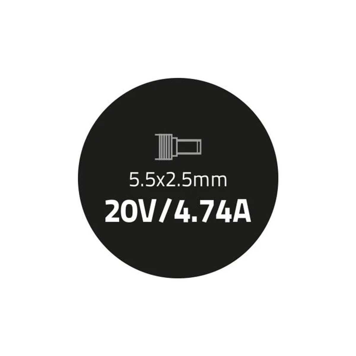 Ein schwarzer Kreis mit einem Steckerdiagramm und Text: 5,5 x 2,5 mm, 20 V/4,74 A.