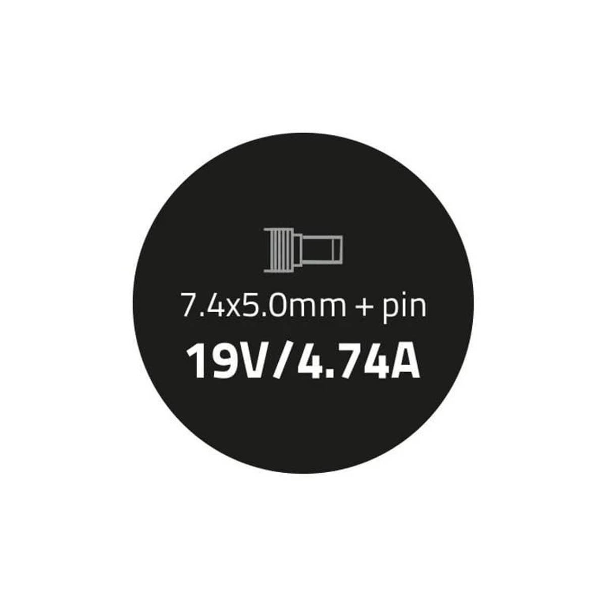 Schwarzer Kreis mit Text: 7,4x5,0mm + Pin 19V/4,74A, mit einem Symbol darüber.
