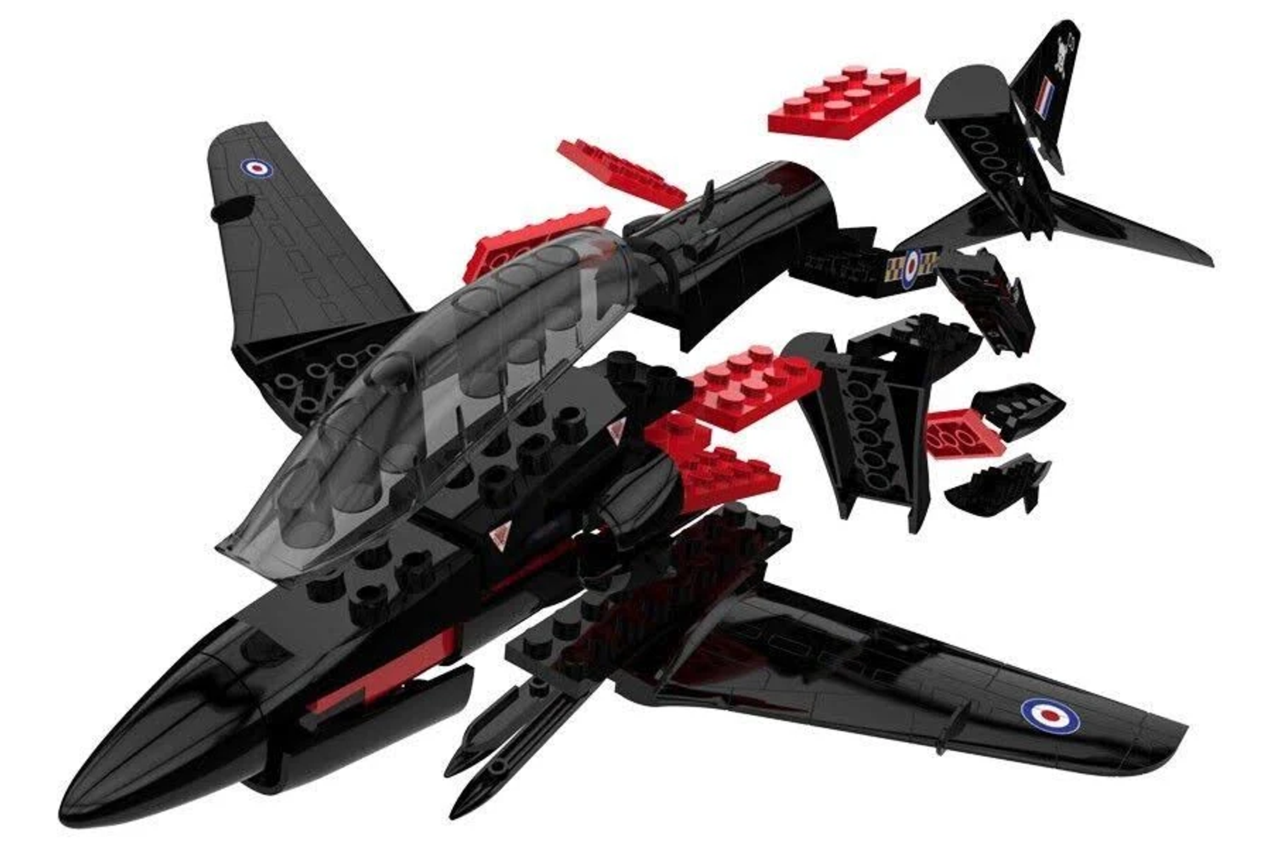 Ein schwarzes Spielzeugflugzeugmodell mit roten und schwarzen Details. Das Modell ist teilweise zusammengebaut.