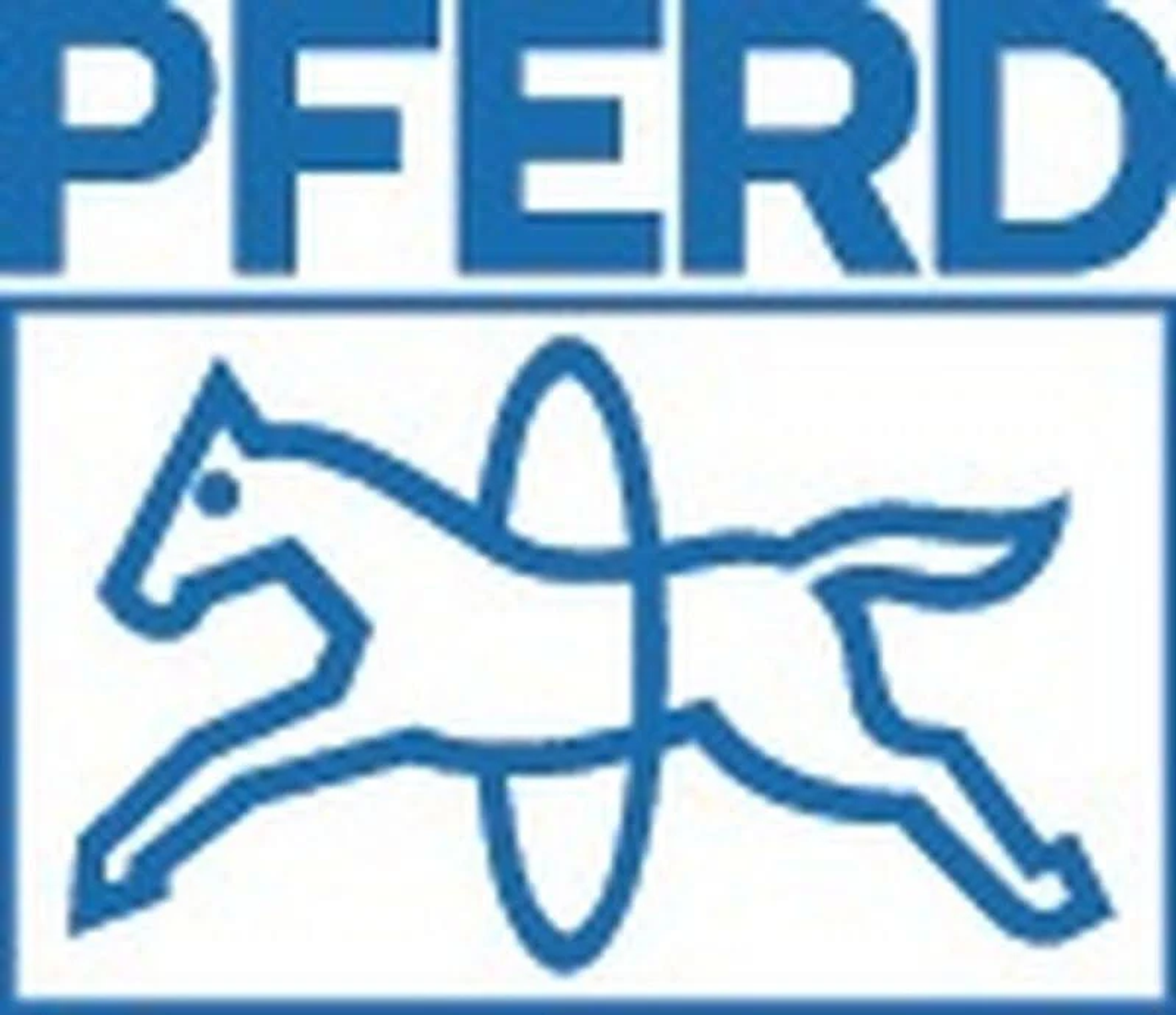 Blaues Logo mit Pferd, das durch einen Kreis springt; darüber steht das Wort PFERD.