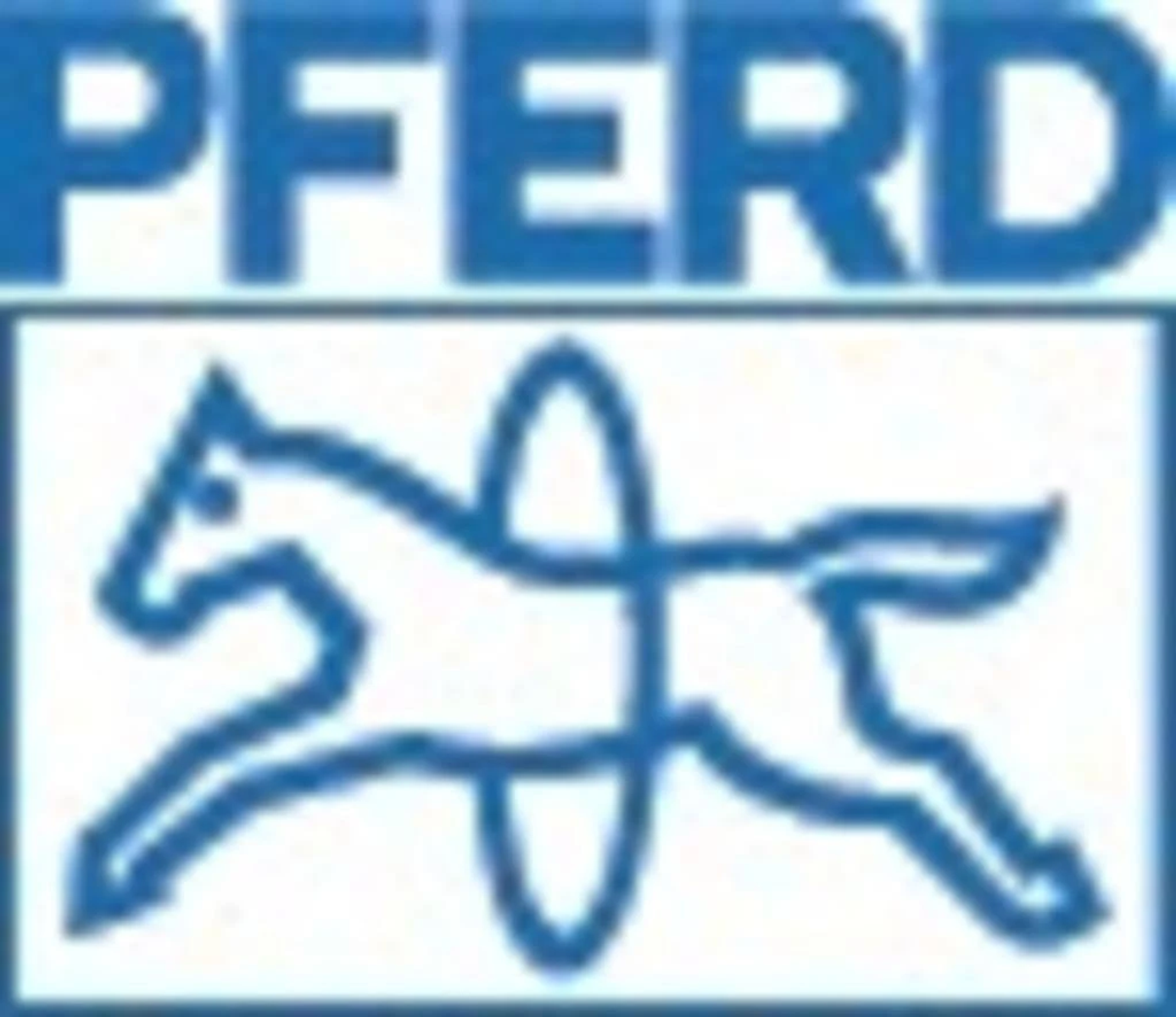 Blaues Logo mit dem Wort "PFERD" über einem Pferd, das durch einen Ring springt.