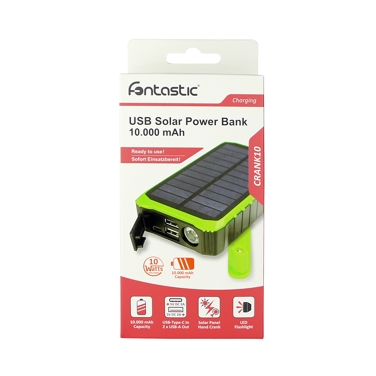 Eine Solar Power Bank in der Verpackung mit Ladeanschluss, Solarpanel und Taschenlampe.