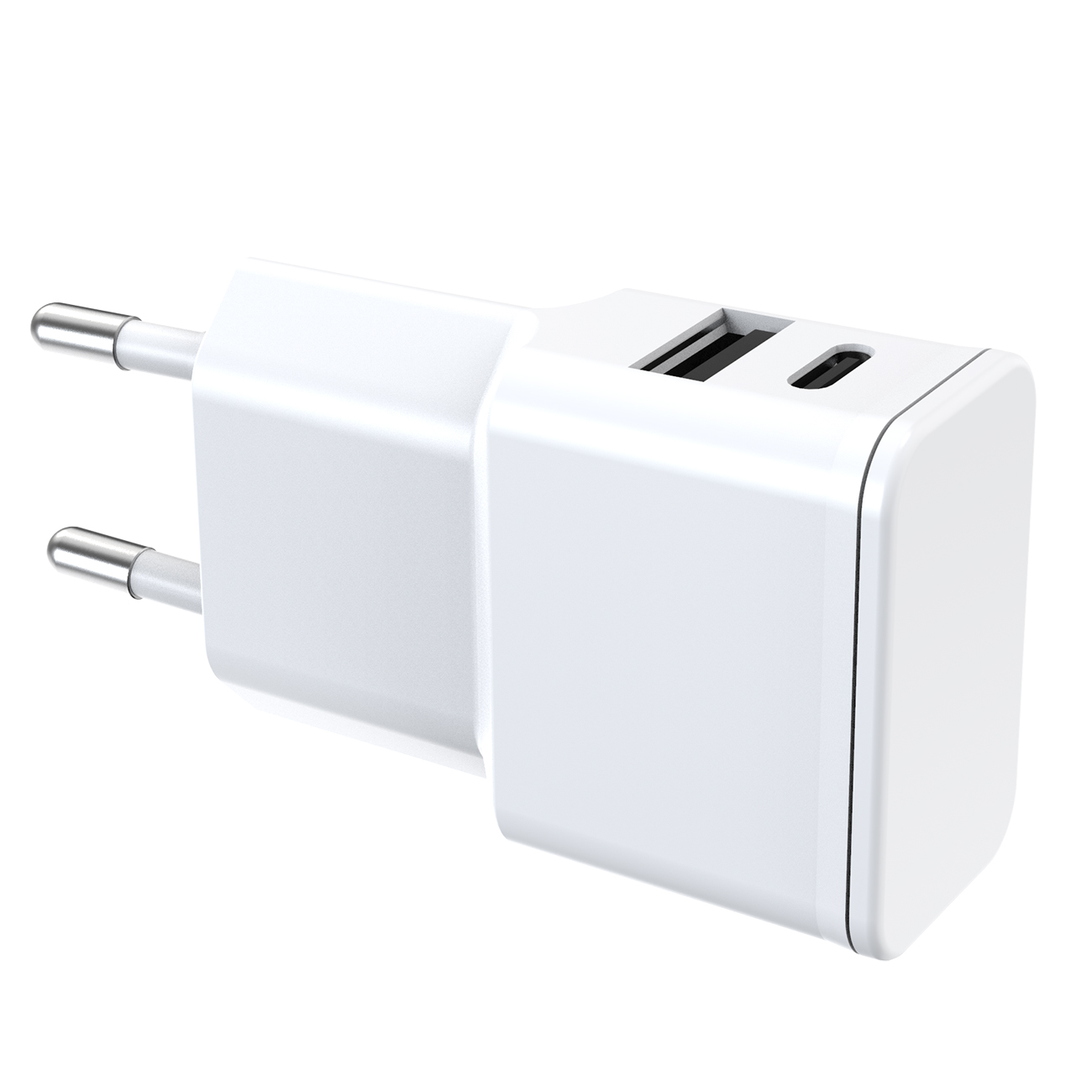 Weißes USB-Ladegerät mit zwei USB-Anschlüssen, zwei Stiften, vor weißem Hintergrund.